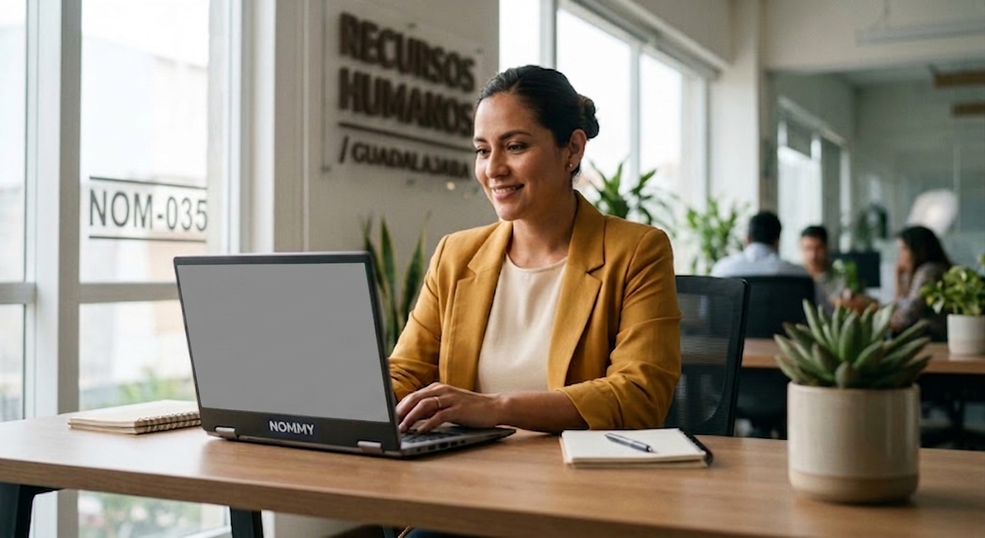 Colaboradora de RRHH usando una laptop Nommy en la oficina de Guadalajara