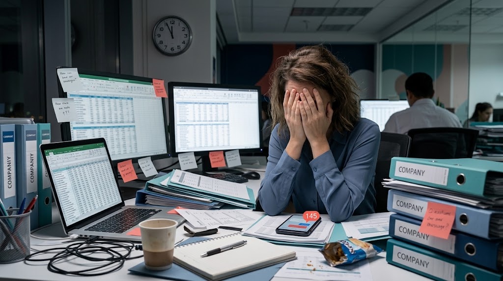 Contadora abrumada por hojas de Excel y carpetas de distintos clientes en su escritorio